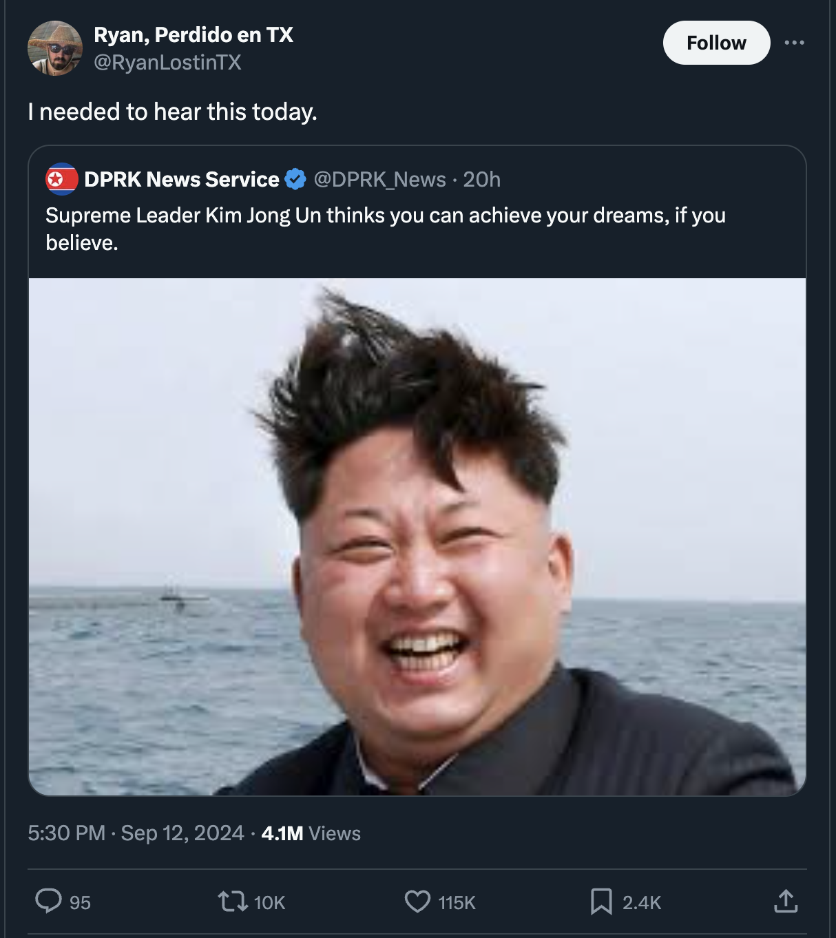 kim jong un rive raugh rove - Ryan, Perdido en Tx I needed to hear this today. Dprk News Service News 20h Supreme Leader Kim Jong Un thinks you can achieve your dreams, if you believe. 4.1M Views 95 tl 10K